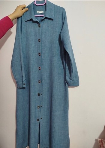Düğmeli Uzun Kol Mavi Denim Tunik