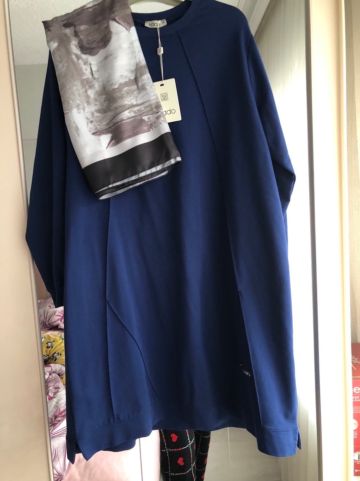 Mavi Uzun Salaş Tunik, Drapeli, Uzun Kollu - Görsel 3