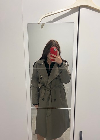 Bejle yeşil karışımı Pull & Bear Uzun Kemerli Kadın Trençkot - Görsel 5