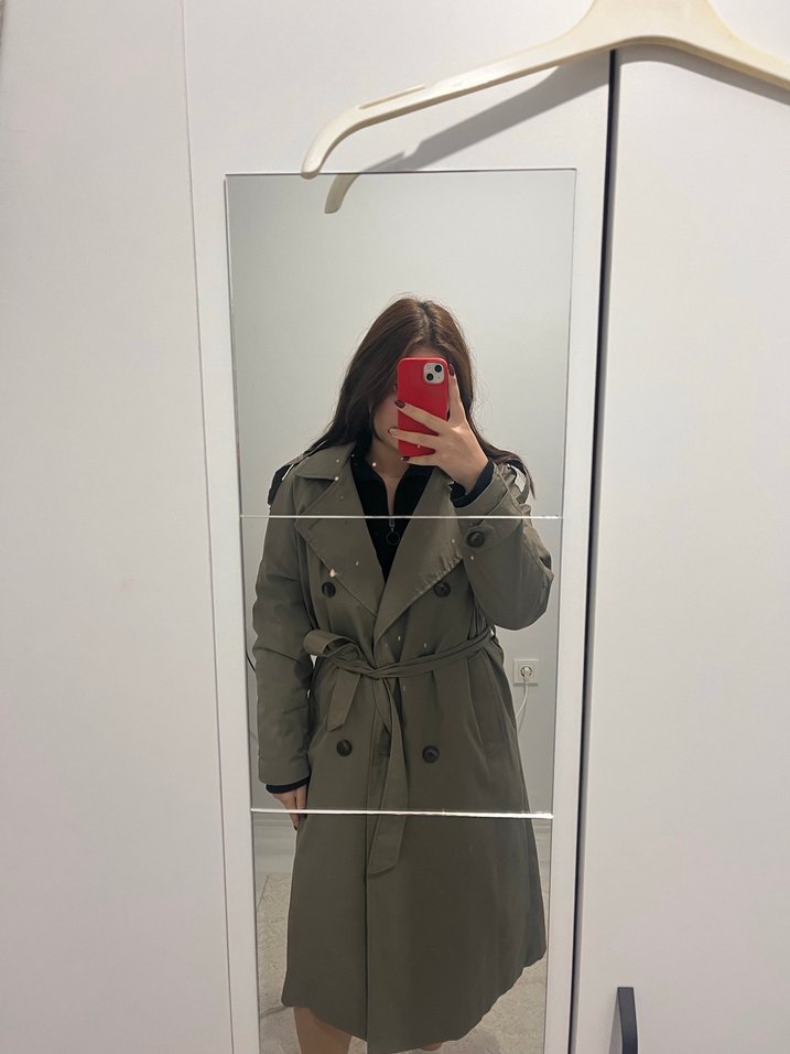 Bejle yeşil karışımı Pull & Bear Uzun Kemerli Kadın Trençkot - Görsel 5