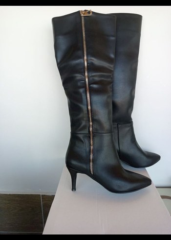 Diğer Siyah Deri Dizüstü Stiletto Topuklu Çizme