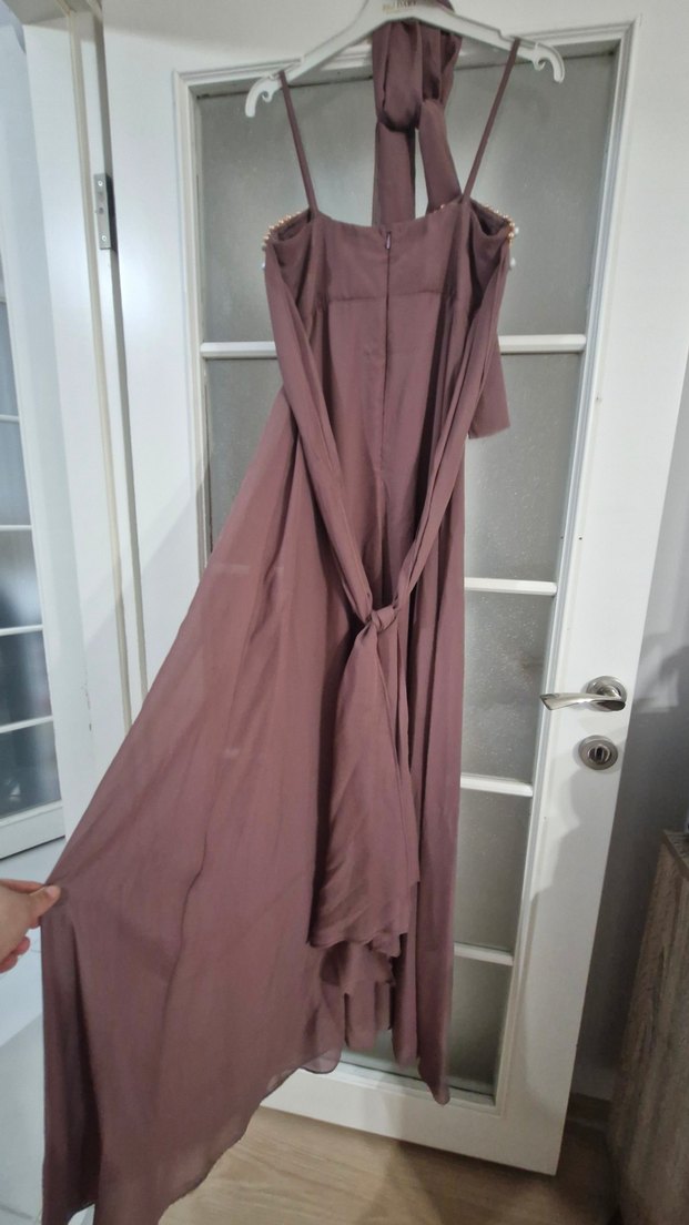 Boncuk Detaylı Uzun Askılı Abiye Elbise - Görsel 5