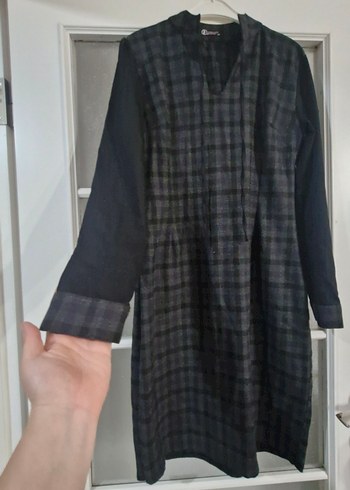 Gri Uzun Kollu Pileli Ekose Elbise - Görsel 2