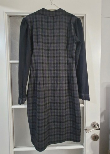 Gri Uzun Kollu Pileli Ekose Elbise - Görsel 5