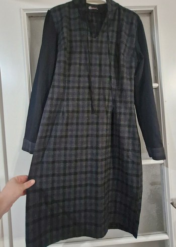 Gri Uzun Kollu Pileli Ekose Elbise - Görsel 3