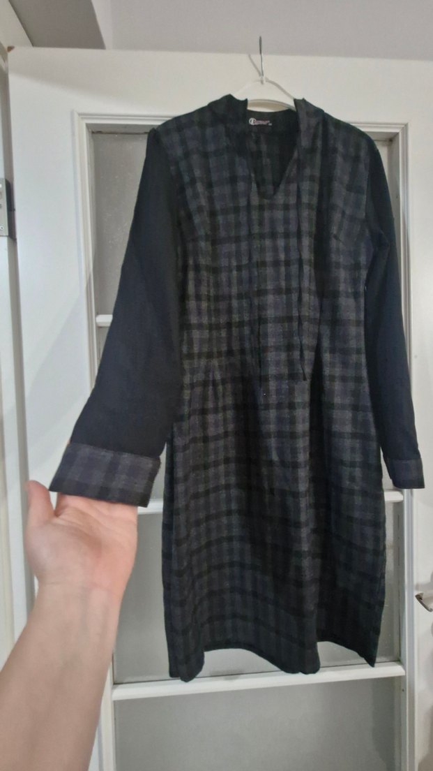 Gri Uzun Kollu Pileli Ekose Elbise - Görsel 2