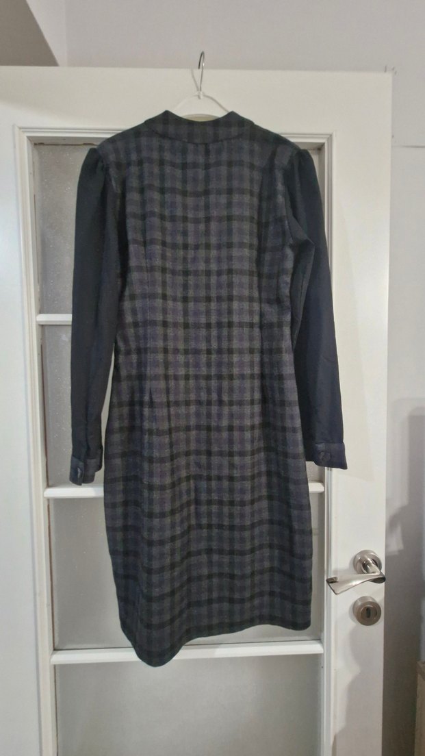 Gri Uzun Kollu Pileli Ekose Elbise - Görsel 5