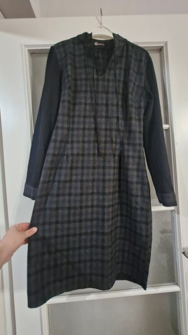 Gri Uzun Kollu Pileli Ekose Elbise - Görsel 3