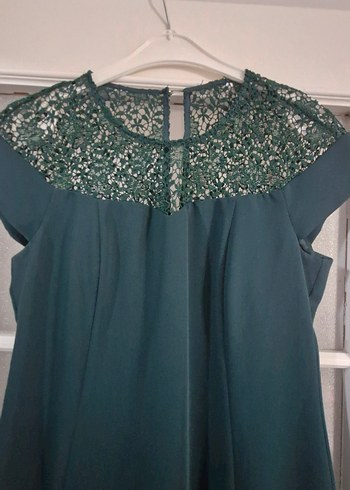 Zümrüt Yeşili Kısa Kollu Midi Abiye Elbise - Görsel 5