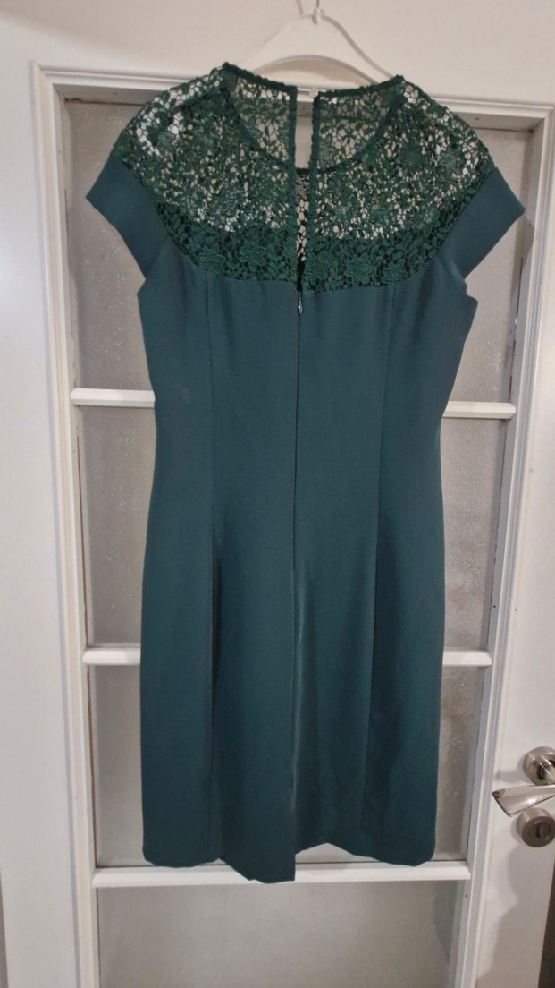 Zümrüt Yeşili Kısa Kollu Midi Abiye Elbise - Görsel 3