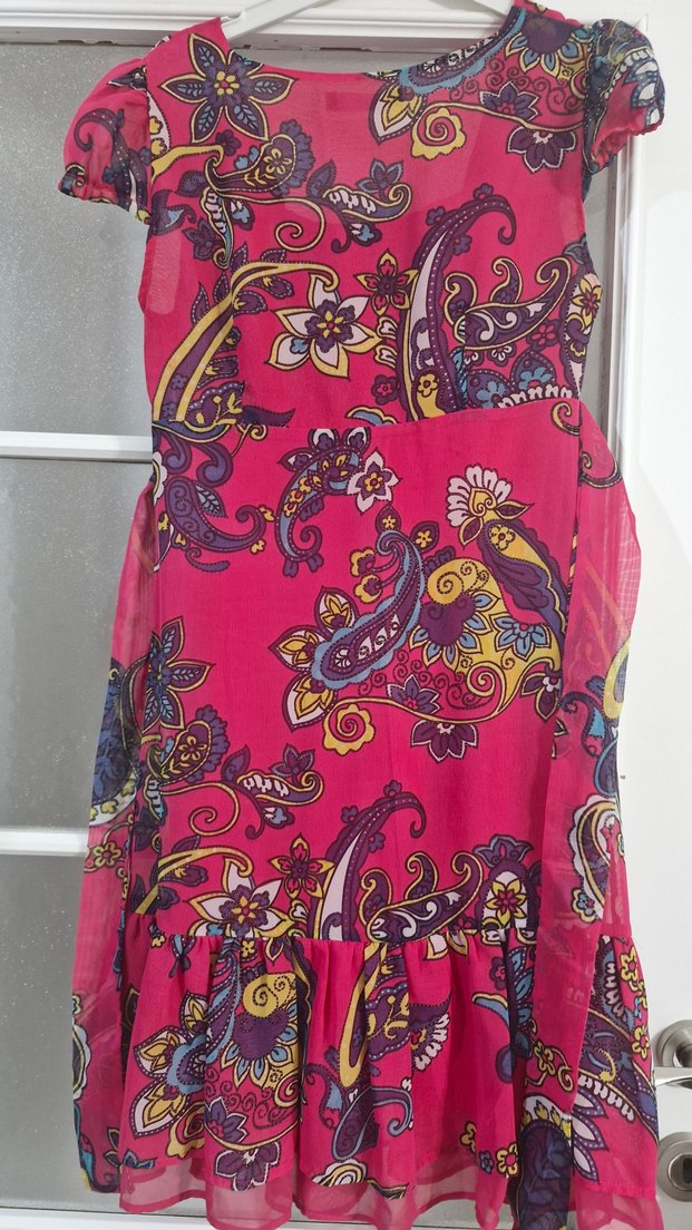 Pembe Desenli Şifon Elbise - Görsel 4