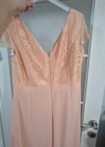 Bej Uzun V Yaka Drapeli Kadın Abiye Elbise - Görsel 5