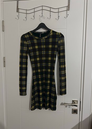 Uzun Kollu Sarı Ekose Mini Elbise - Görsel 2