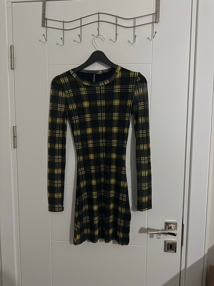 Uzun Kollu Sarı Ekose Mini Elbise - Görsel 2