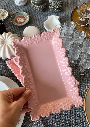 Diğer Pembe Çiçek Desenli Dikdörtgen Tabak 8 parça