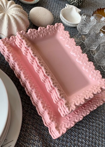 Pembe Çiçek Desenli Dikdörtgen Tabak 8 parça