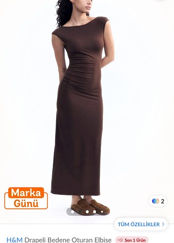 H&M Kahverengi Drapeli Uzun Elbise