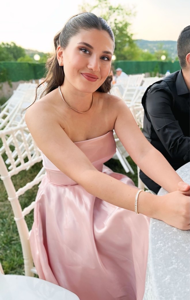 Pembe Uzun Drapeli Straplez Abiye Elbise - Görsel 2