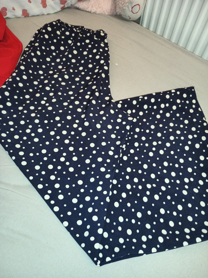 Lacivert Puantiyeli Kadın Kumaş Pantolon bol paça - Görsel 2