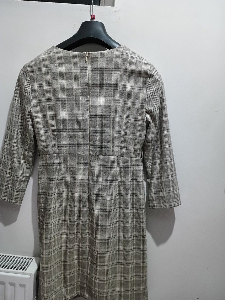 Gri Ekose Mini Kadın Klasik Elbise - Görsel 2