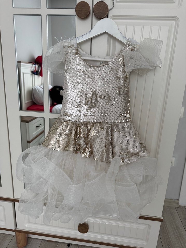 Beyaz Payetli Kolsuz Kız Çocuk Elbisesi - Görsel 2