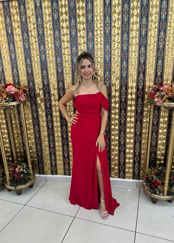 Kırmızı Drapeli Uzun Abiye Elbise - Görsel 8