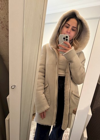 Bej Kadın Midi Peluş Kaban çift taraflı - Görsel 6