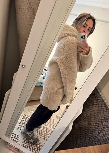 Bej Kadın Midi Peluş Kaban çift taraflı - Görsel 3