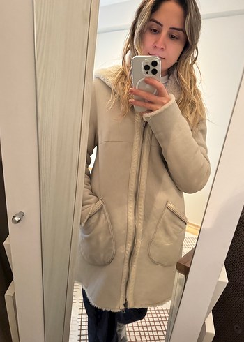 Bej Kadın Midi Peluş Kaban çift taraflı - Görsel 5