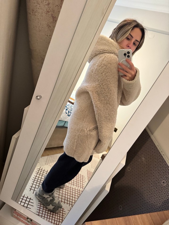 Bej Kadın Midi Peluş Kaban çift taraflı - Görsel 3