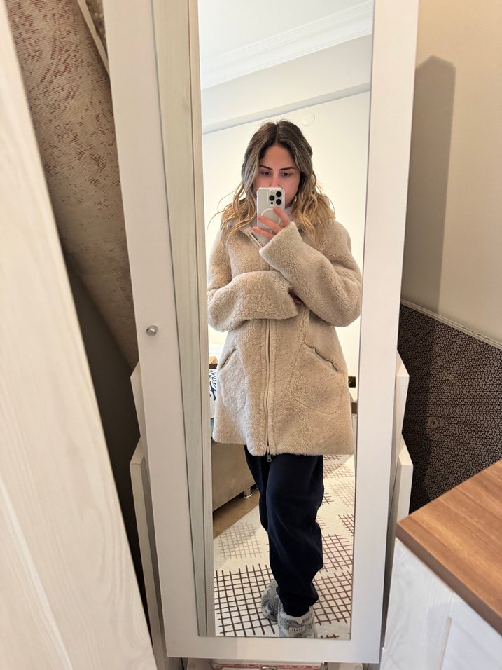 Bej Kadın Midi Peluş Kaban çift taraflı - Görsel 2
