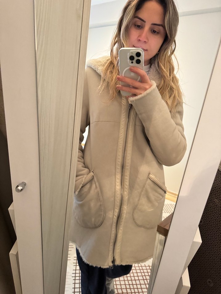 Bej Kadın Midi Peluş Kaban çift taraflı - Görsel 5