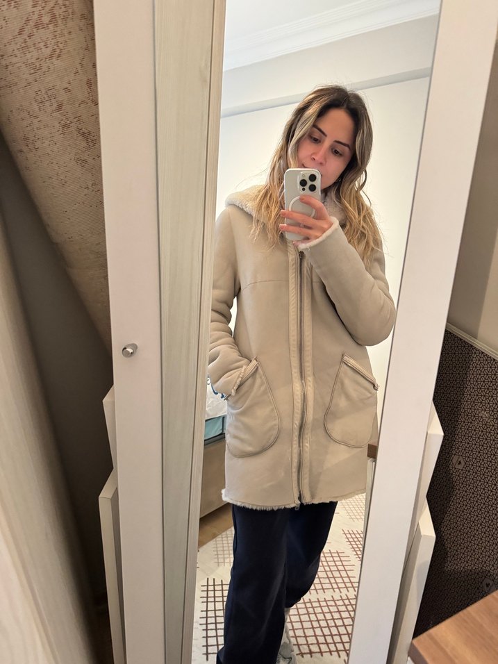 Bej Kadın Midi Peluş Kaban çift taraflı - Görsel 4