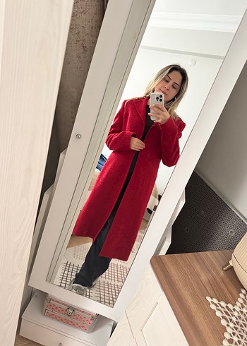 Kırmızı Uzun Kadın Kaban - Görsel 3