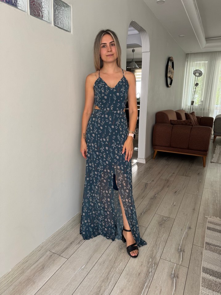 Bohem Lacivert Uzun Askılı Elbise - Görsel 2