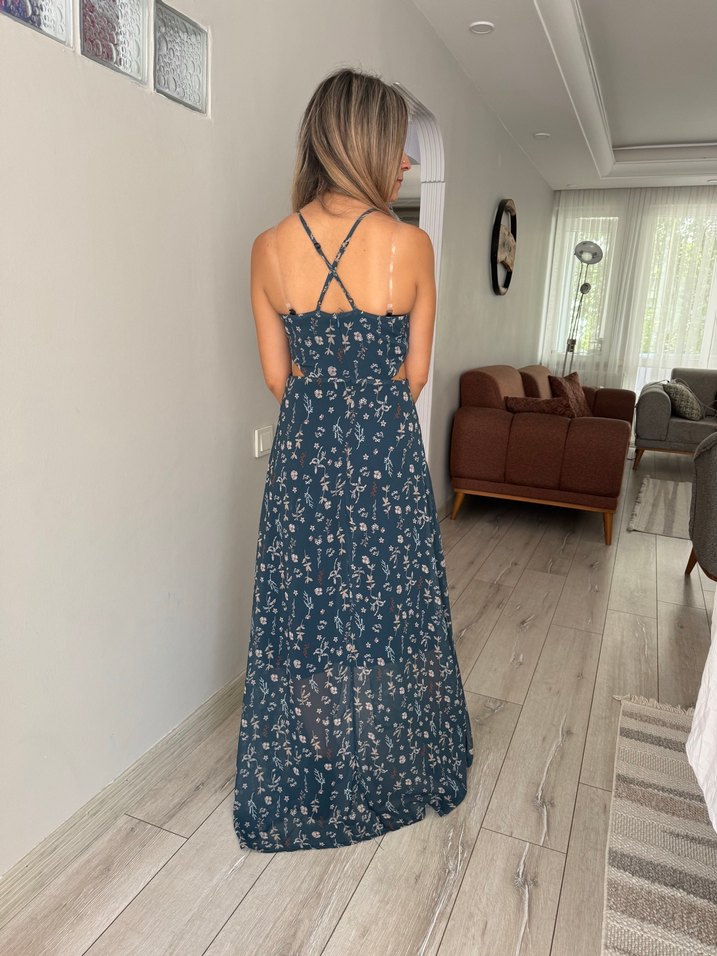Bohem Lacivert Uzun Askılı Elbise - Görsel 3