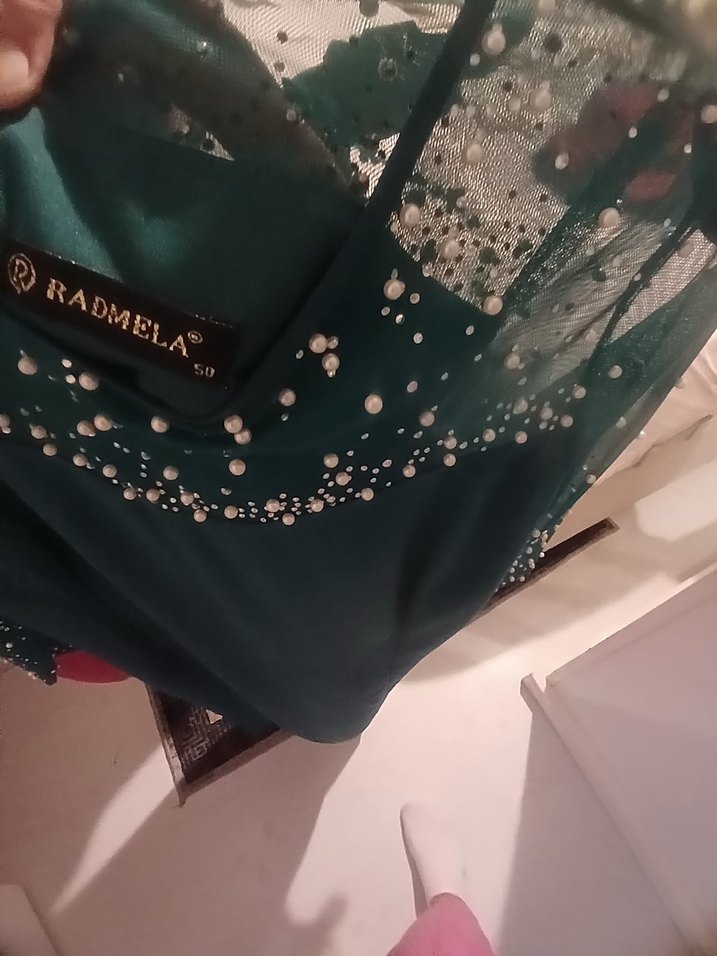 Boncuk İşlemeli Uzun Yeşil Abiye Elbise - Görsel 3