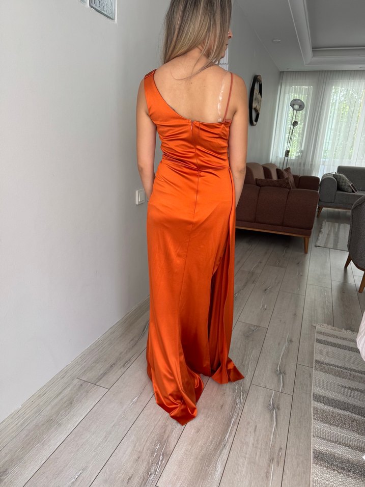 Turuncu Drapeli Uzun Abiye Elbise - Görsel 4