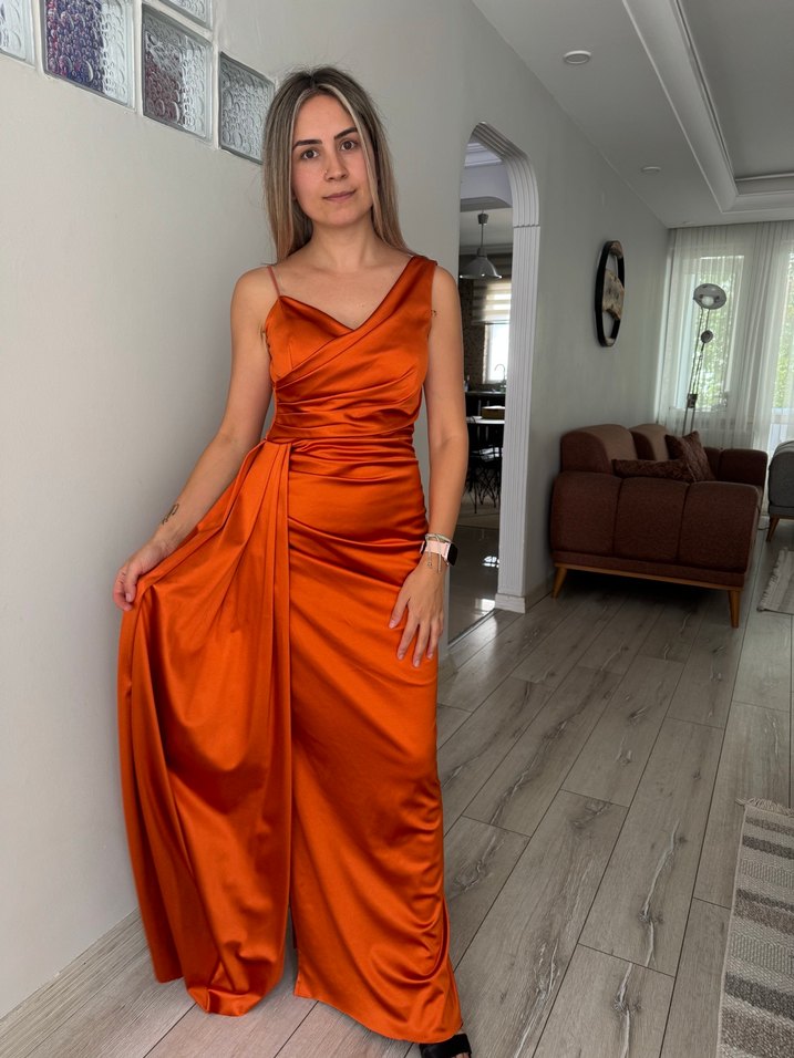 Turuncu Drapeli Uzun Abiye Elbise - Görsel 2