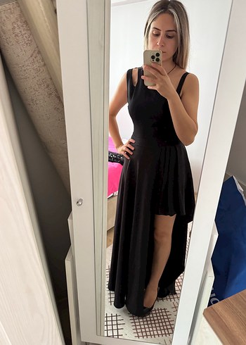 Siyah Drapeli Uzun Straplez Elbise - Görsel 5