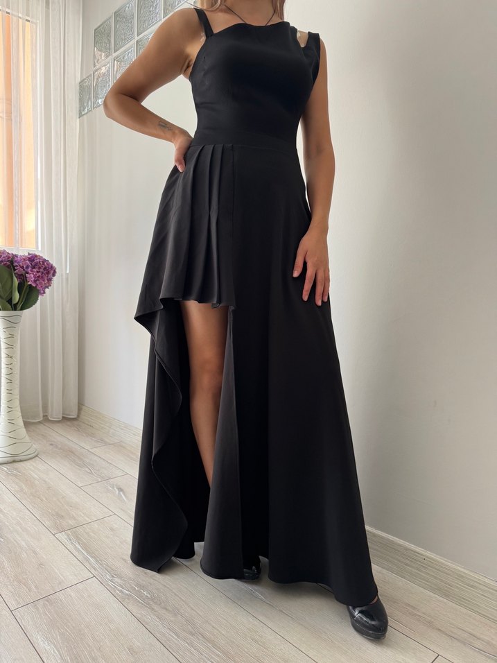 Siyah Drapeli Uzun Straplez Elbise - Görsel 2