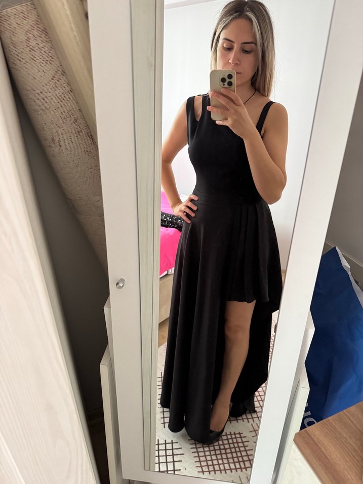 Siyah Drapeli Uzun Straplez Elbise - Görsel 5