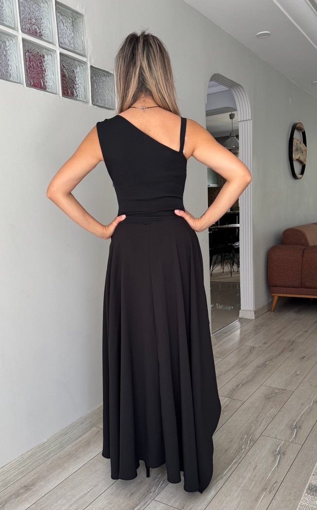 Siyah Drapeli Uzun Straplez Elbise - Görsel 3