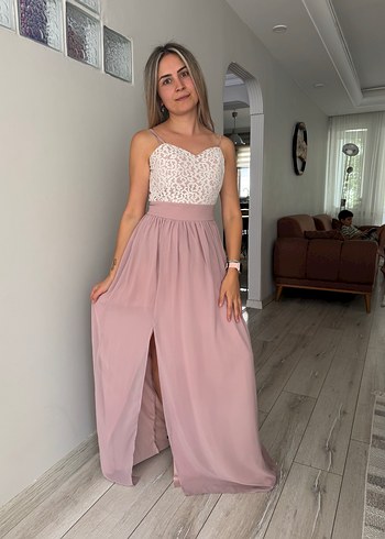 Dantel Detaylı Straplez Pembe Uzun Elbise - Görsel 5