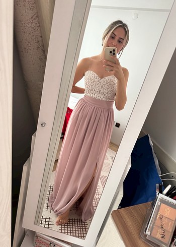 Dantel Detaylı Straplez Pembe Uzun Elbise - Görsel 3