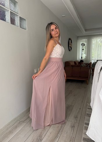 Dantel Detaylı Straplez Pembe Uzun Elbise - Görsel 4