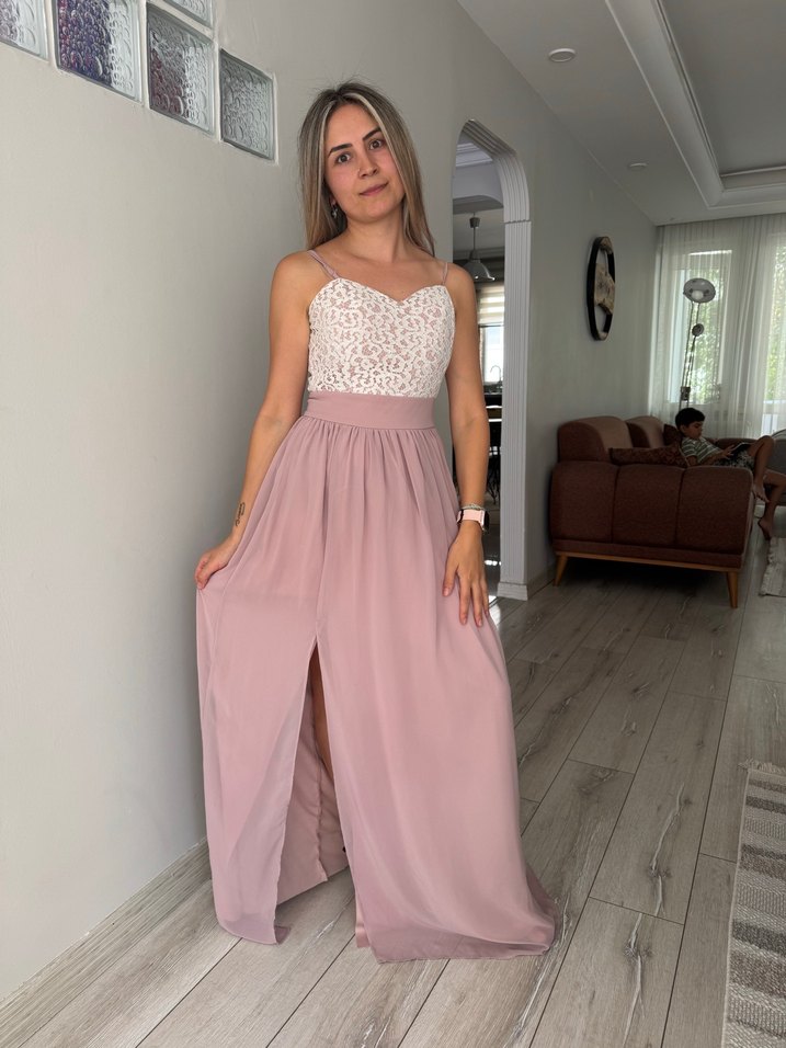 Dantel Detaylı Straplez Pembe Uzun Elbise - Görsel 5