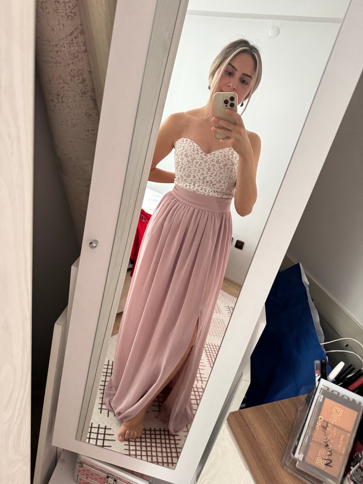 Dantel Detaylı Straplez Pembe Uzun Elbise - Görsel 3