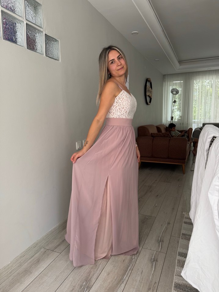 Dantel Detaylı Straplez Pembe Uzun Elbise - Görsel 4