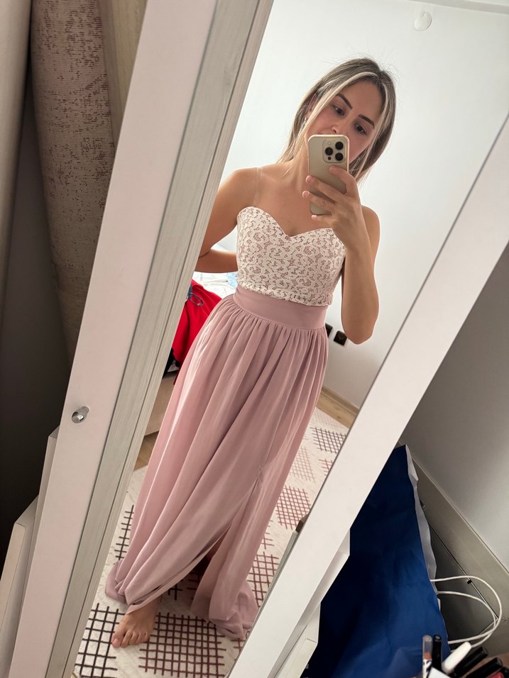 Dantel Detaylı Straplez Pembe Uzun Elbise - Görsel 2